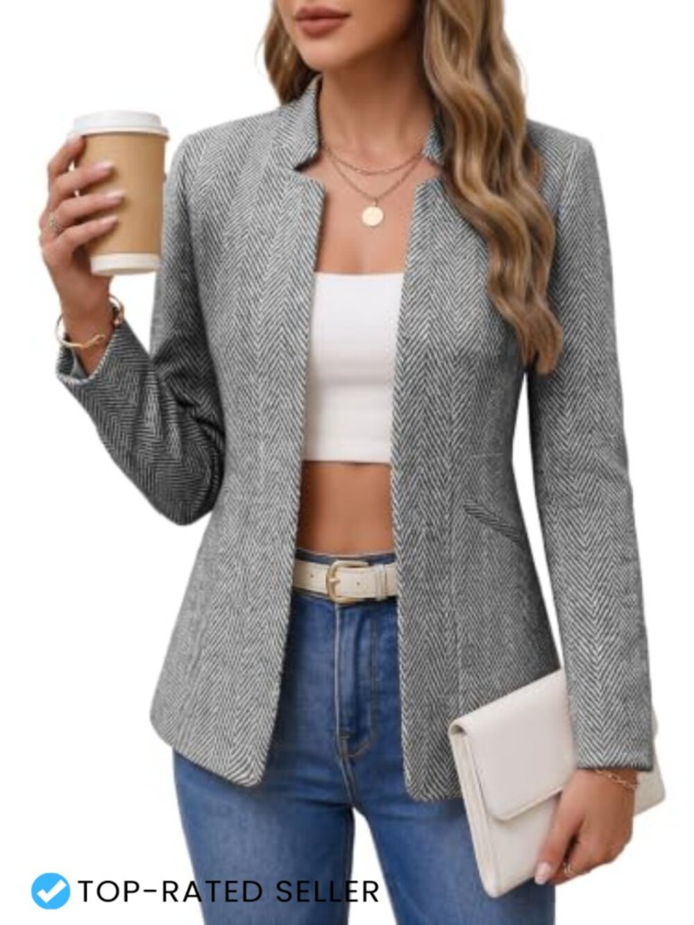 Women's Tweed Herringbone Blazer Business Casual Stand Collar Jacket